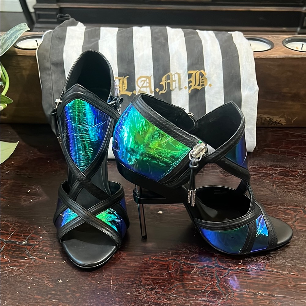 L.A.M.B. Excite Black and Blue Holographic Metallic Heels 7